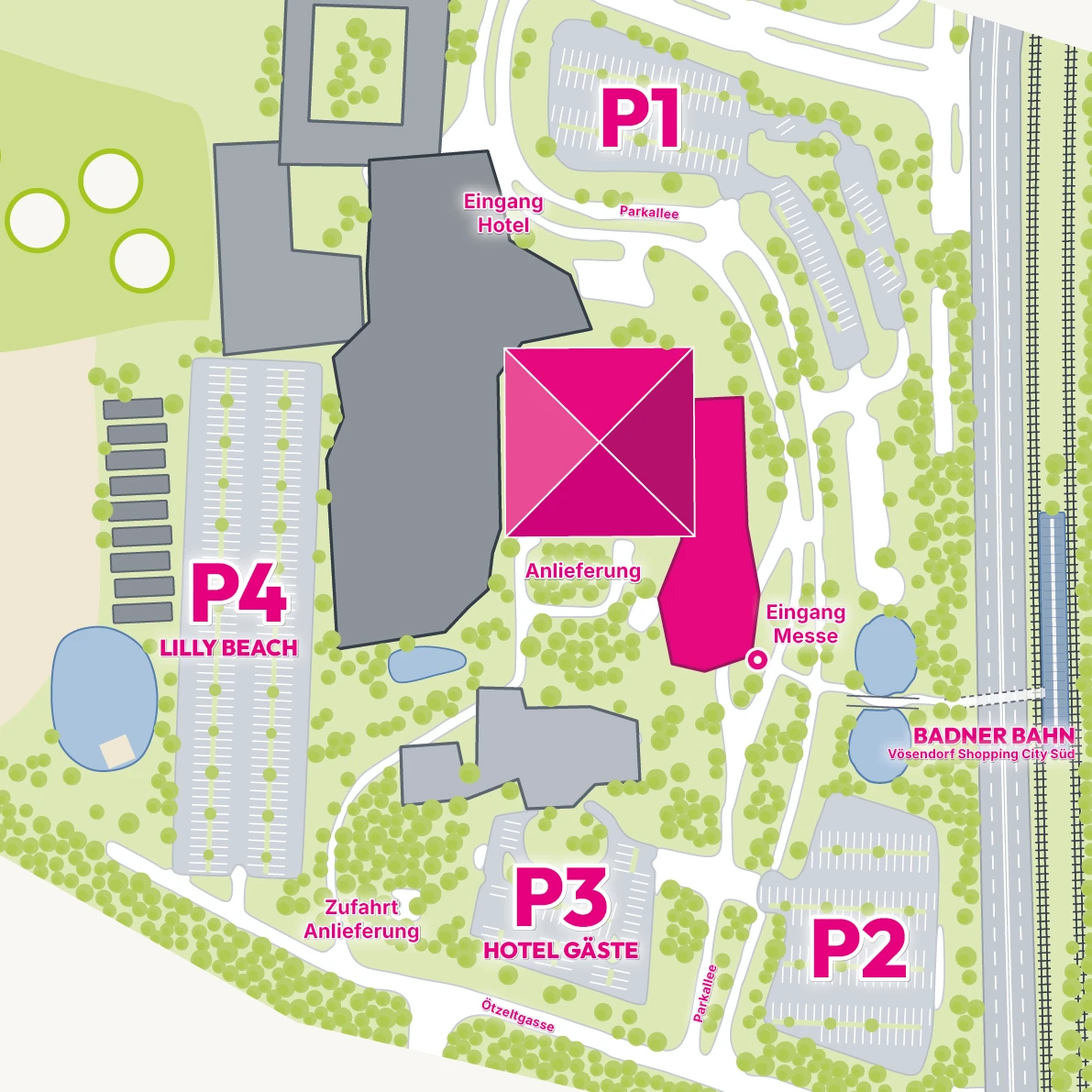 Lageplan Pyramide Vösendorf mit Parkplätzen P1 bis P4, Eingang Messe, Anlieferung und Zufahrt Anlieferung