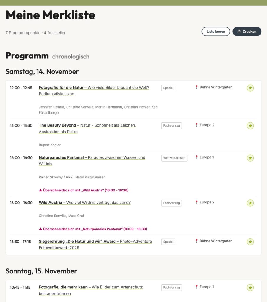 Merkliste mit gemerkten Programmpunkten nach Tag und Uhrzeit, mit Hinweis auf eine Überschneidung