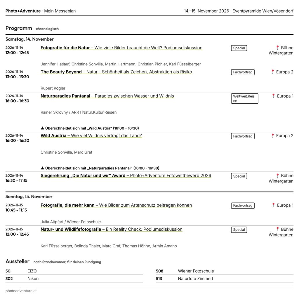 Druckansicht der Merkliste als A4-Messeplan mit Programm und Ausstellern nach Standnummer