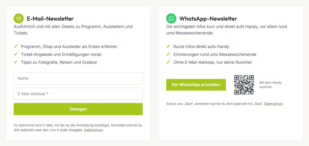 Anmeldung zum E-Mail-Newsletter und zum WhatsApp-Newsletter