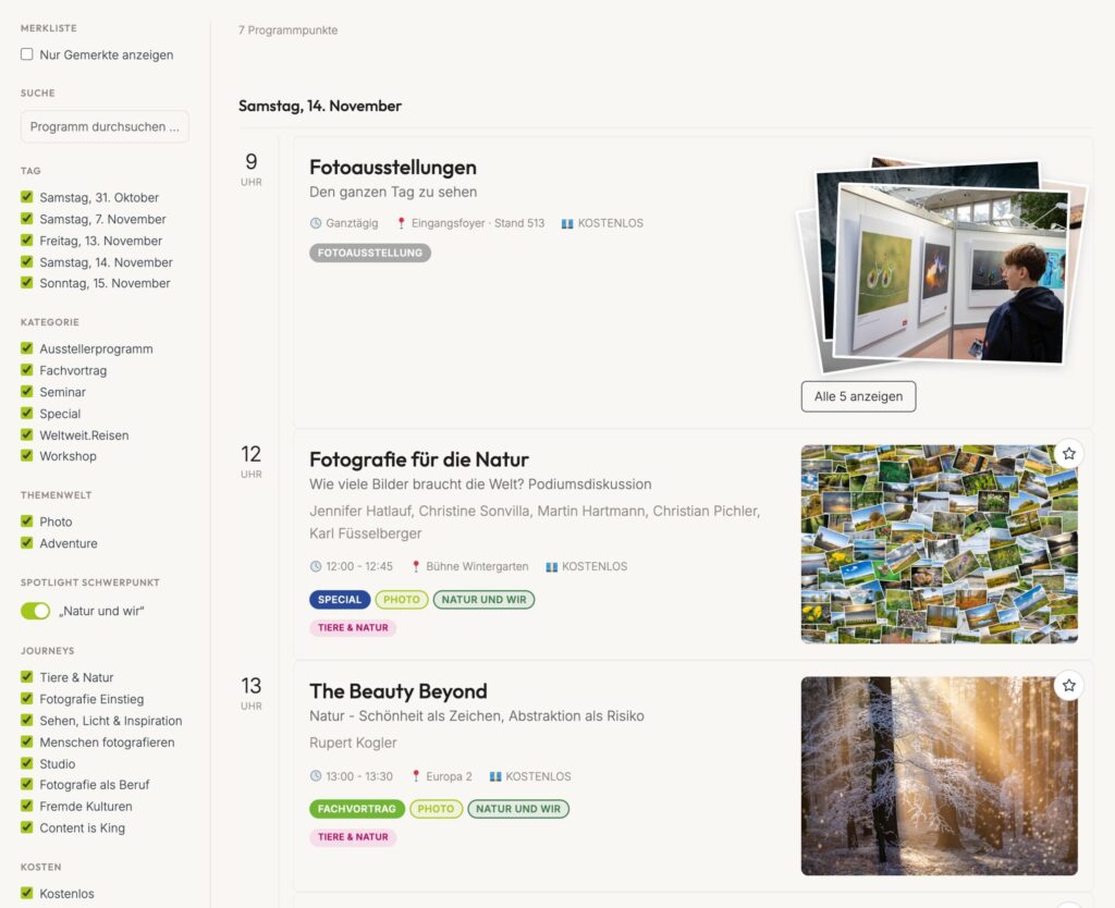Programmseite mit Filterleiste und eingeschaltetem Spotlight-Schalter Natur und wir